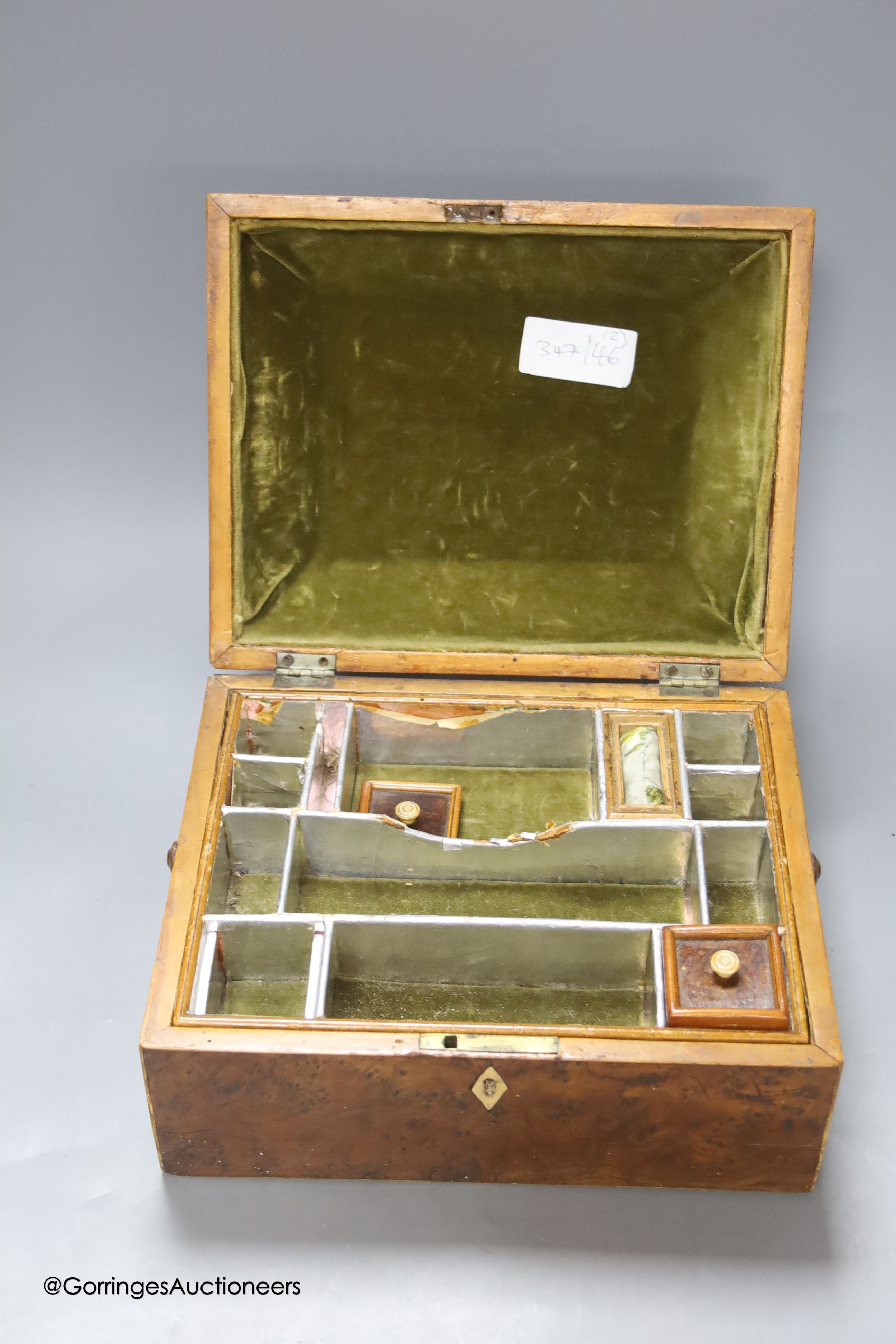 A Regency bird's eye maple work box, 13 cm high, 25 x 20cm and a parquetry box (2)